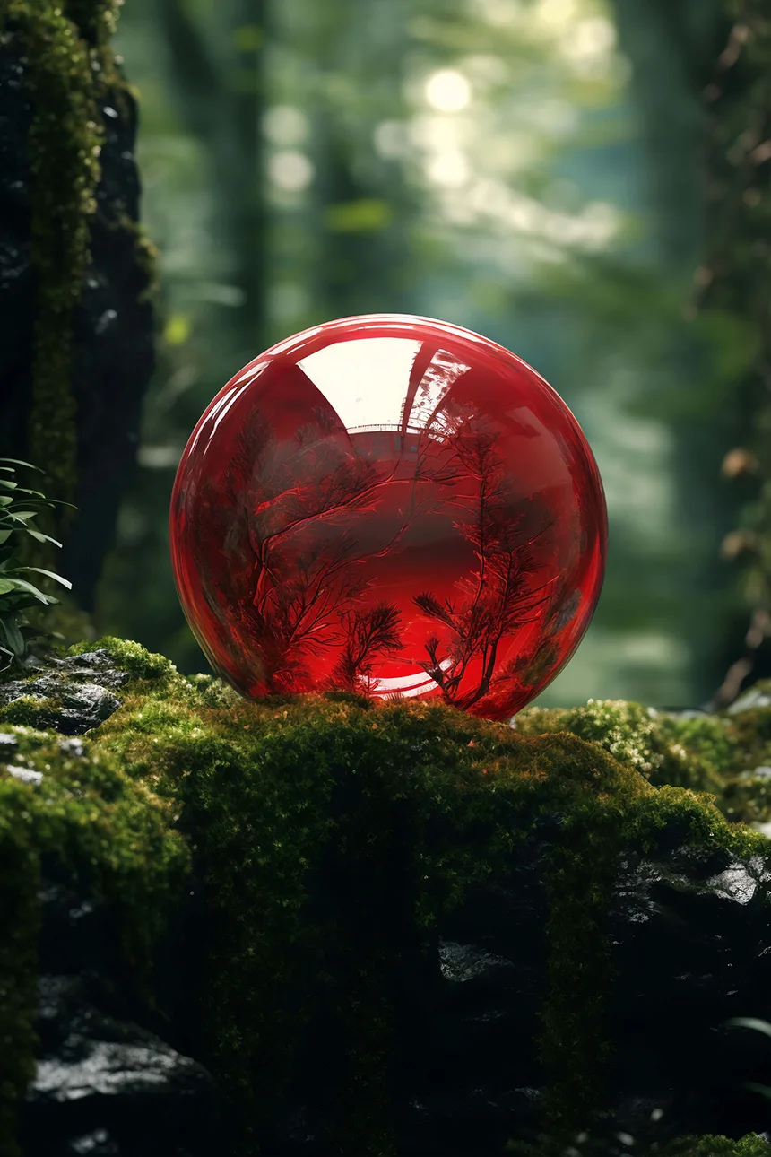 chakra racine : sphère rouge posée sur la mousse en forêt, symbole d’ancrage et de terre — Pulse Harmony Bullez
