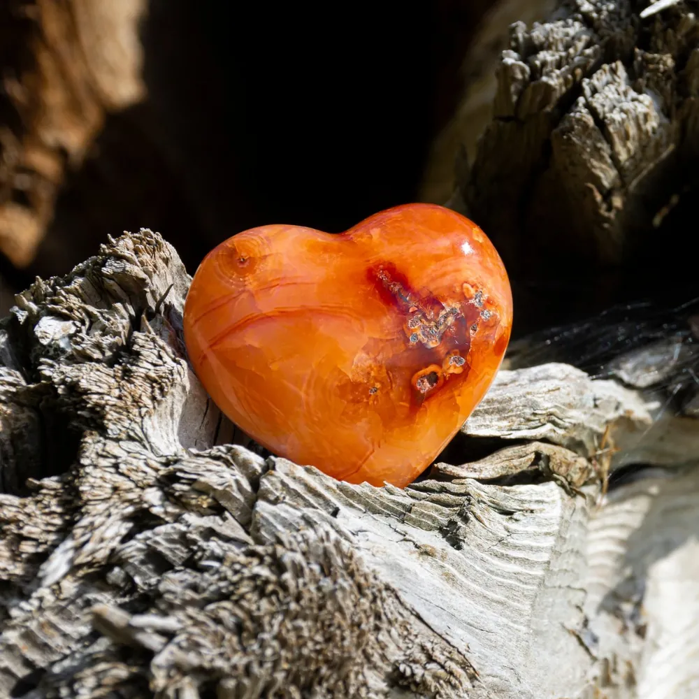 Cornaline orange en forme de cœur posée sur du bois flotté, pierre associée au chakra sacré