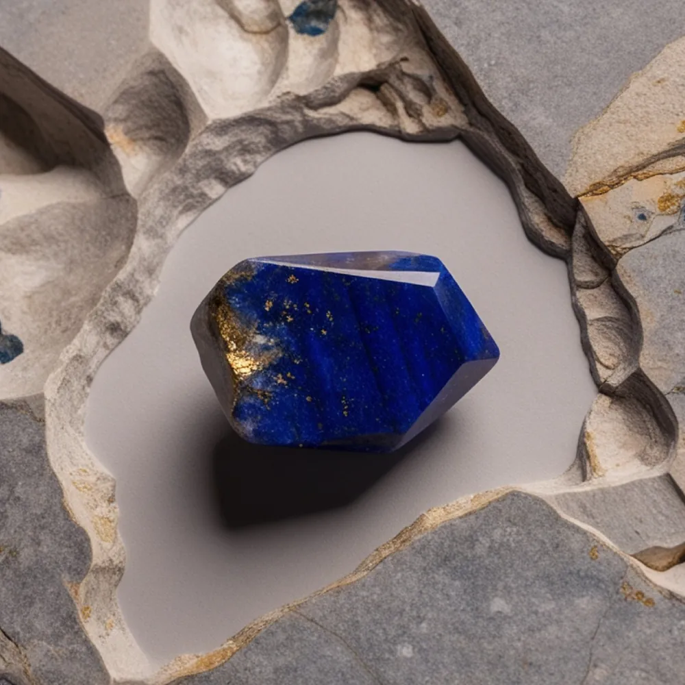 Lapis-lazuli bleu veiné d'or posé sur la roche, pierre associée au chakra de la gorge